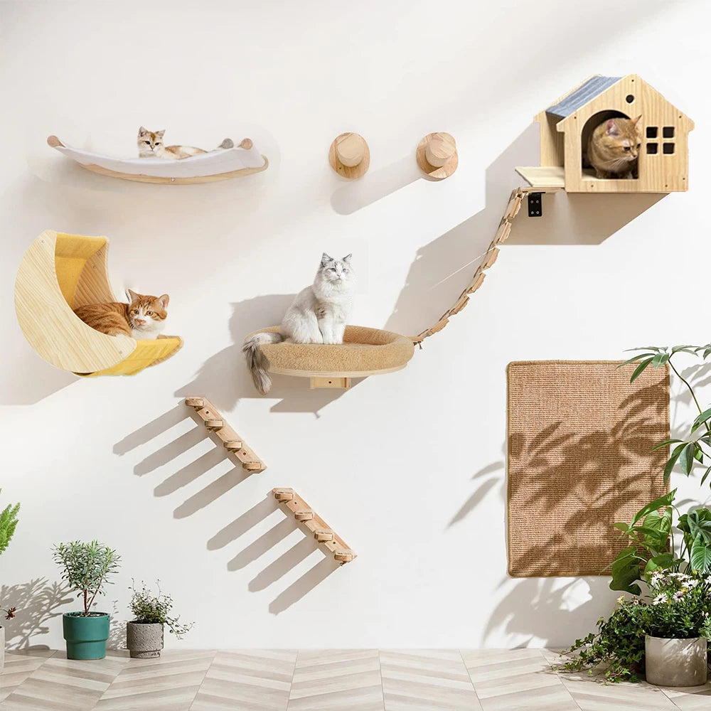 Modular Wall-Mounted Cat Playground with Hammock and Scratching Post