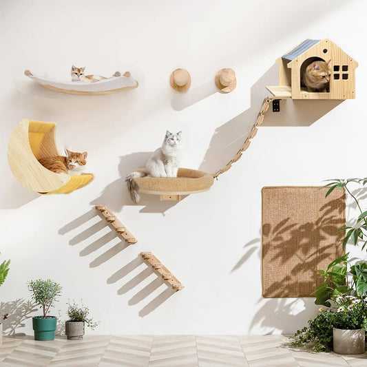 Modular Wall-Mounted Cat Playground with Hammock and Scratching Post