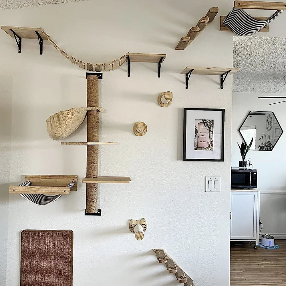 Modular Wall-Mounted Cat Playground with Hammock and Scratching Post