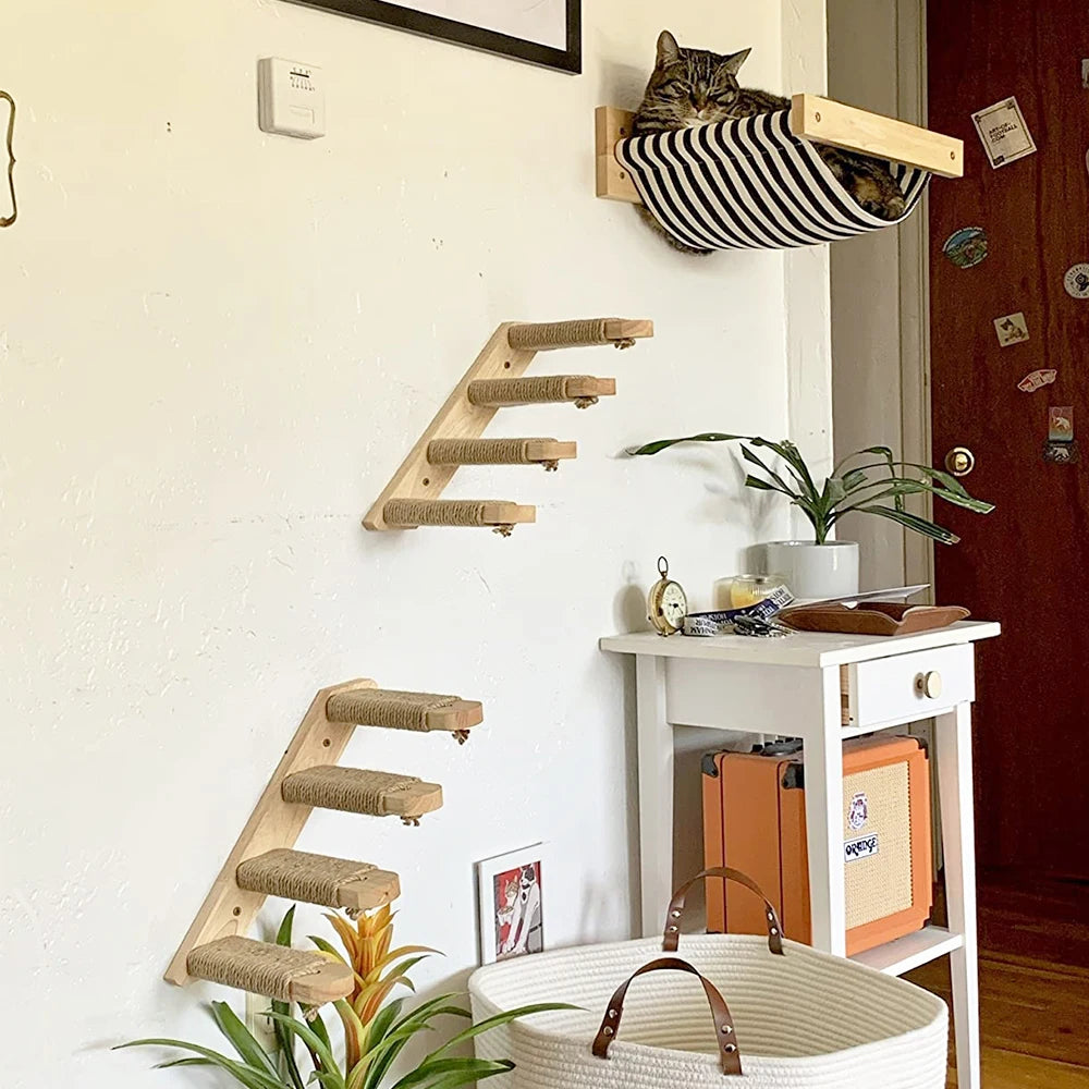 Modular Wall-Mounted Cat Playground with Hammock and Scratching Post