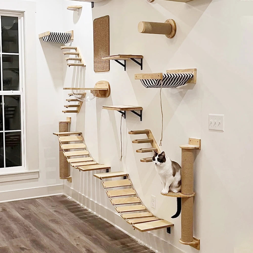 Modular Wall-Mounted Cat Playground with Hammock and Scratching Post